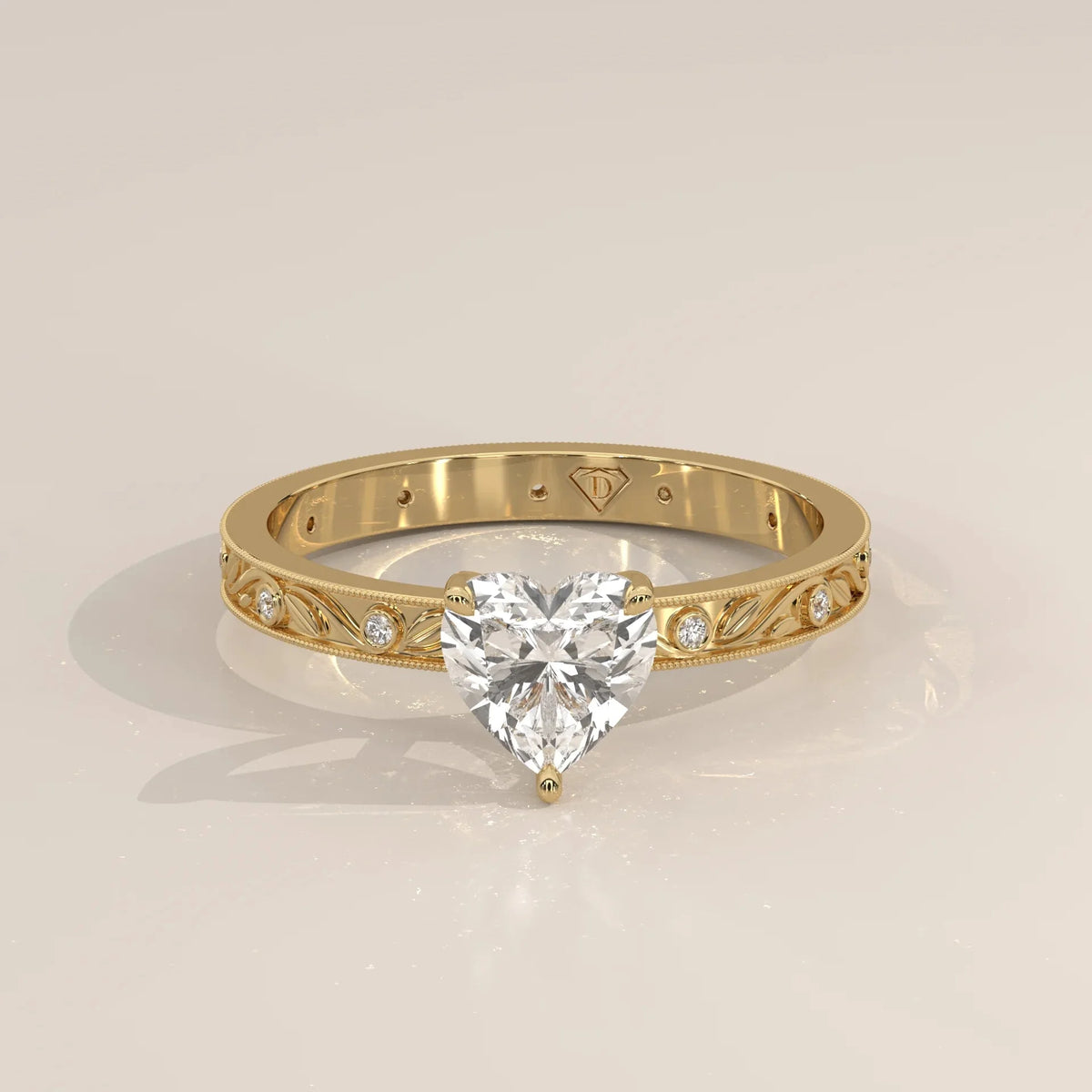 Front View: Heart Diamond Ring with Solitaire Setting in Yellow Gold – Lab Grown – Driona Jewels