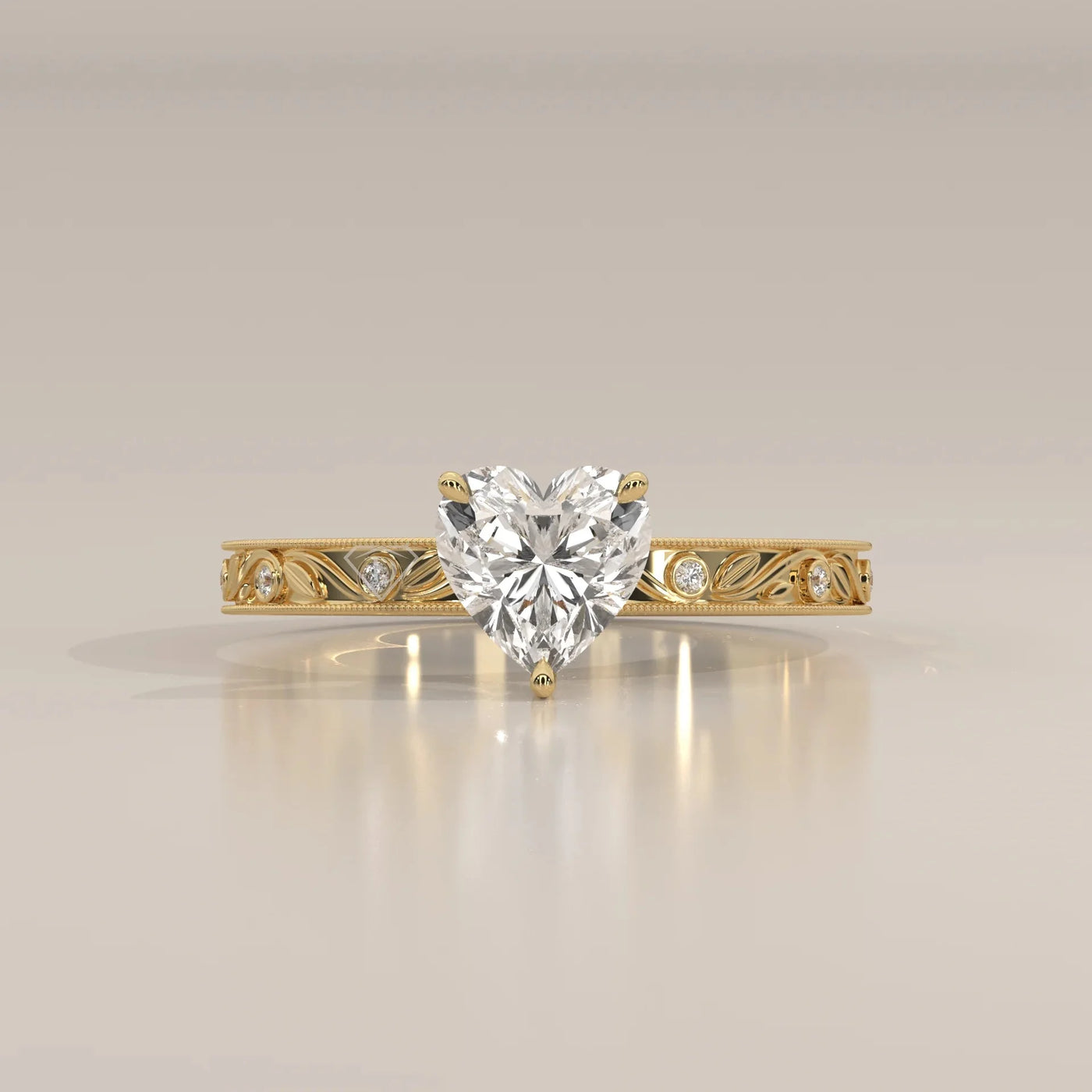 Front View: Heart Diamond Ring with Solitaire Setting in Yellow Gold – Lab Grown – Driona Jewels