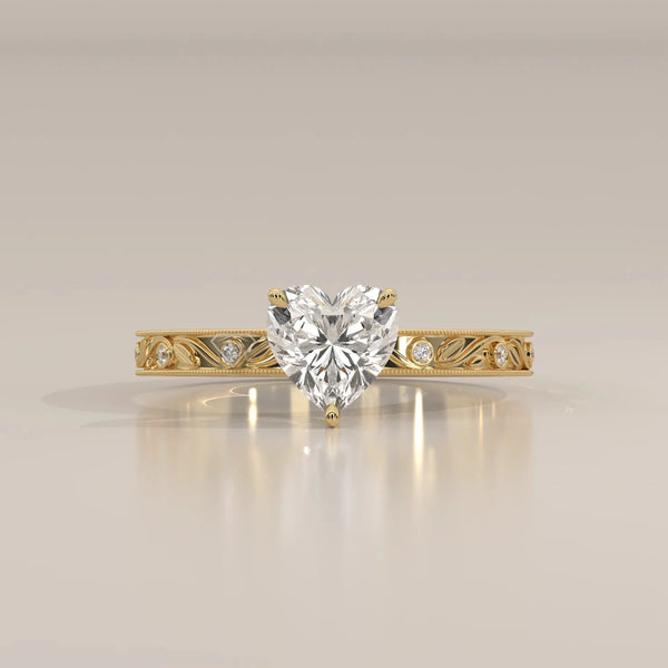 Front View: Heart Diamond Ring with Solitaire Setting in Yellow Gold – Lab Grown – Driona Jewels