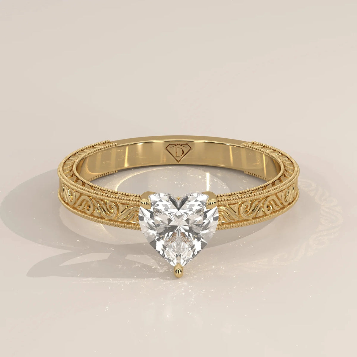 Front View: Heart Diamond Ring with Solitaire Setting in Yellow Gold – Lab Grown – Driona Jewels