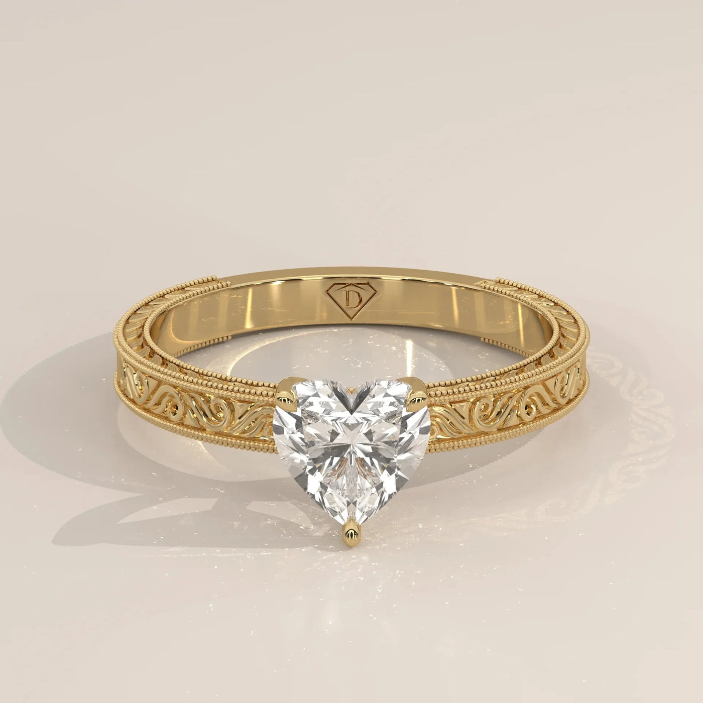 Front View: Heart Diamond Ring with Solitaire Setting in Yellow Gold – Lab Grown – Driona Jewels