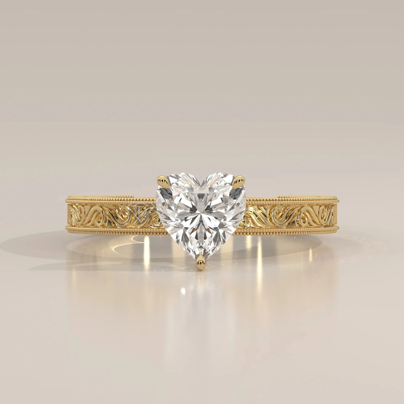 Front View: Heart Diamond Ring with Solitaire Setting in Yellow Gold – Lab Grown – Driona Jewels