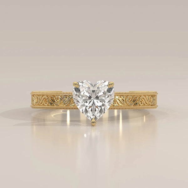 Front View: Heart Diamond Ring with Solitaire Setting in Yellow Gold – Lab Grown – Driona Jewels