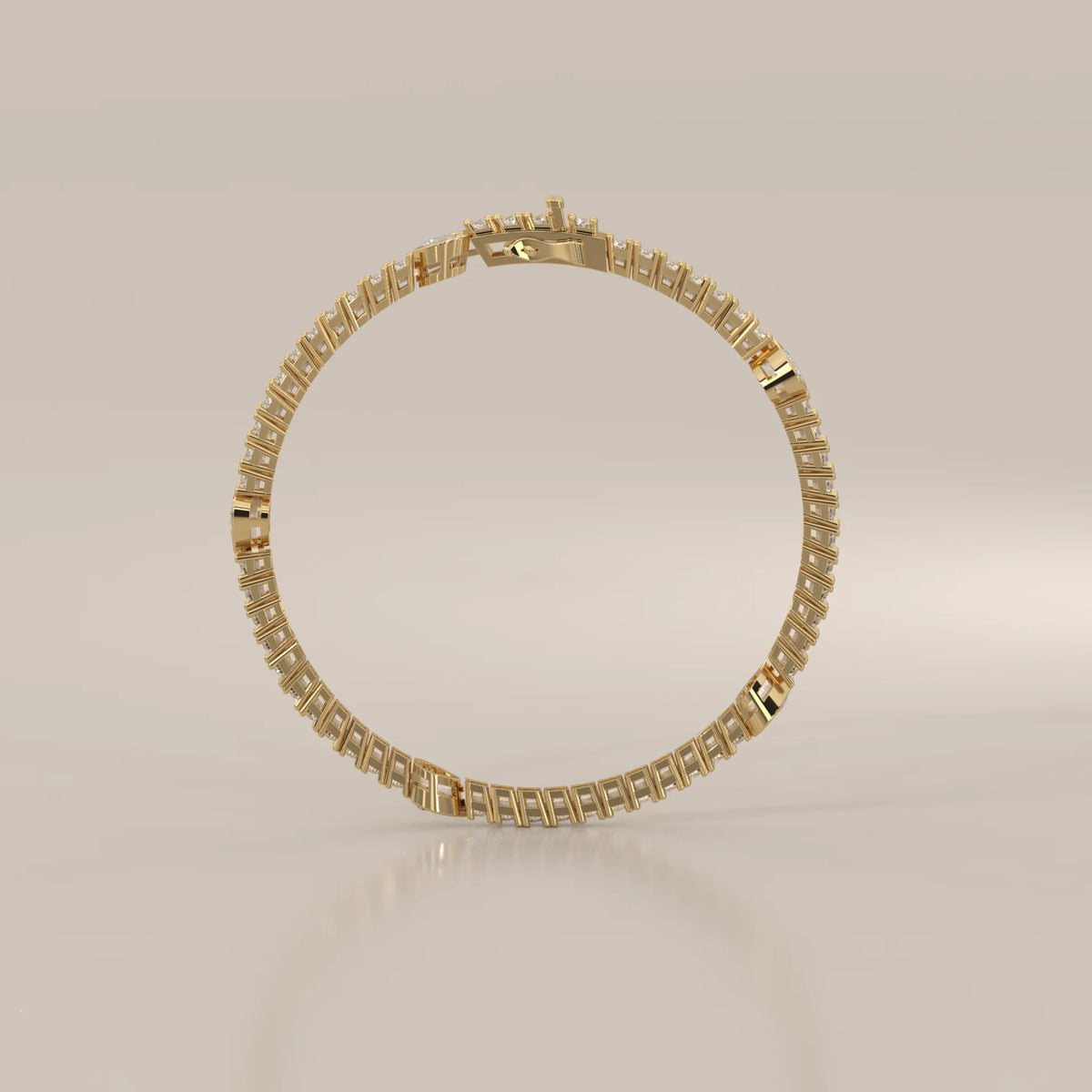 Heart Station Lab Grown Diamond Tennis Bracelet with Round Line in yellow gold, photographed from the side.