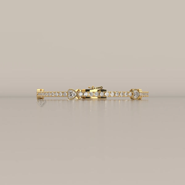 Heart Station Lab Grown Diamond Tennis Bracelet with Round Line in yellow gold, shown from the side.