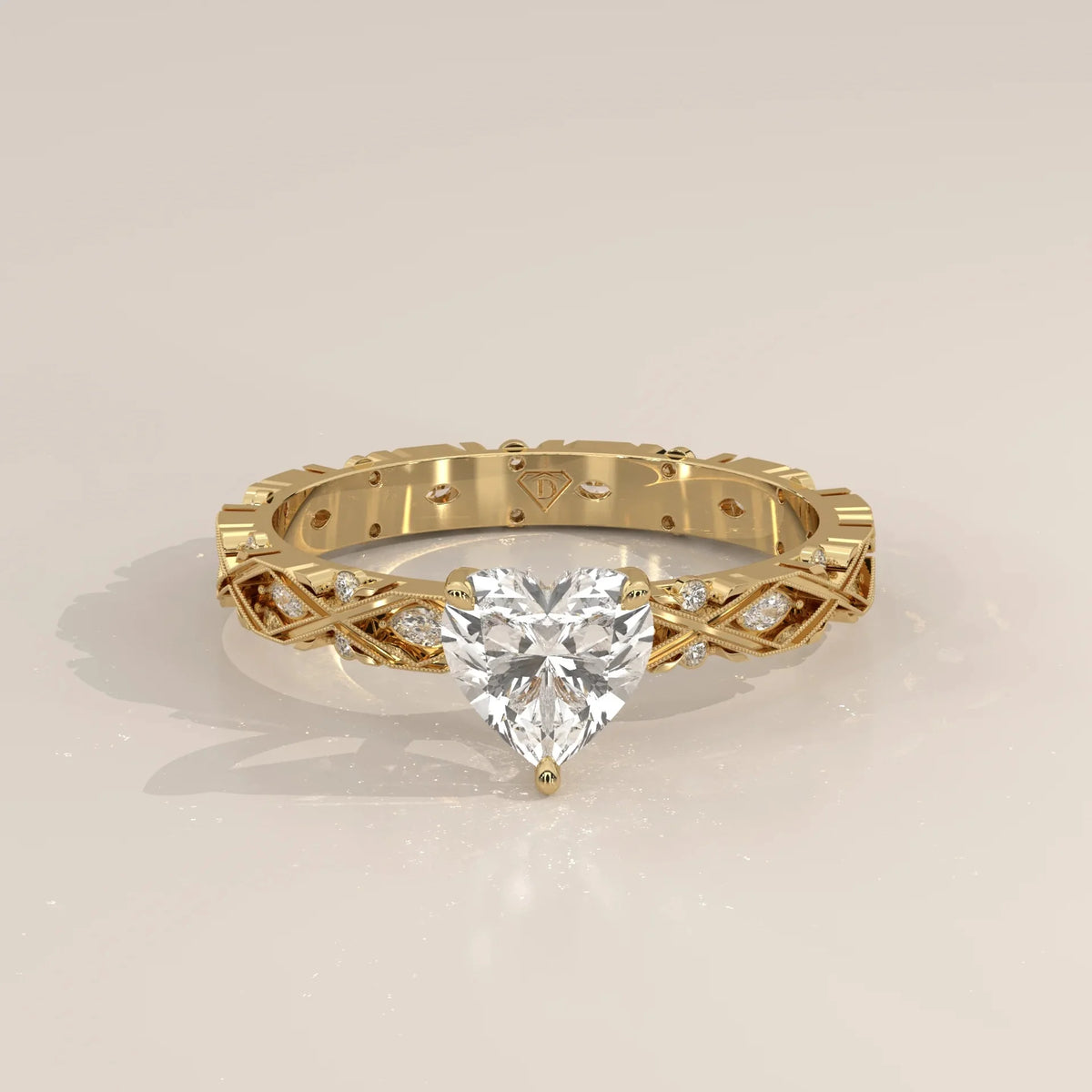 Front View: Heart Diamond Ring with Solitaire Setting in Yellow Gold – Lab Grown – Driona Jewels