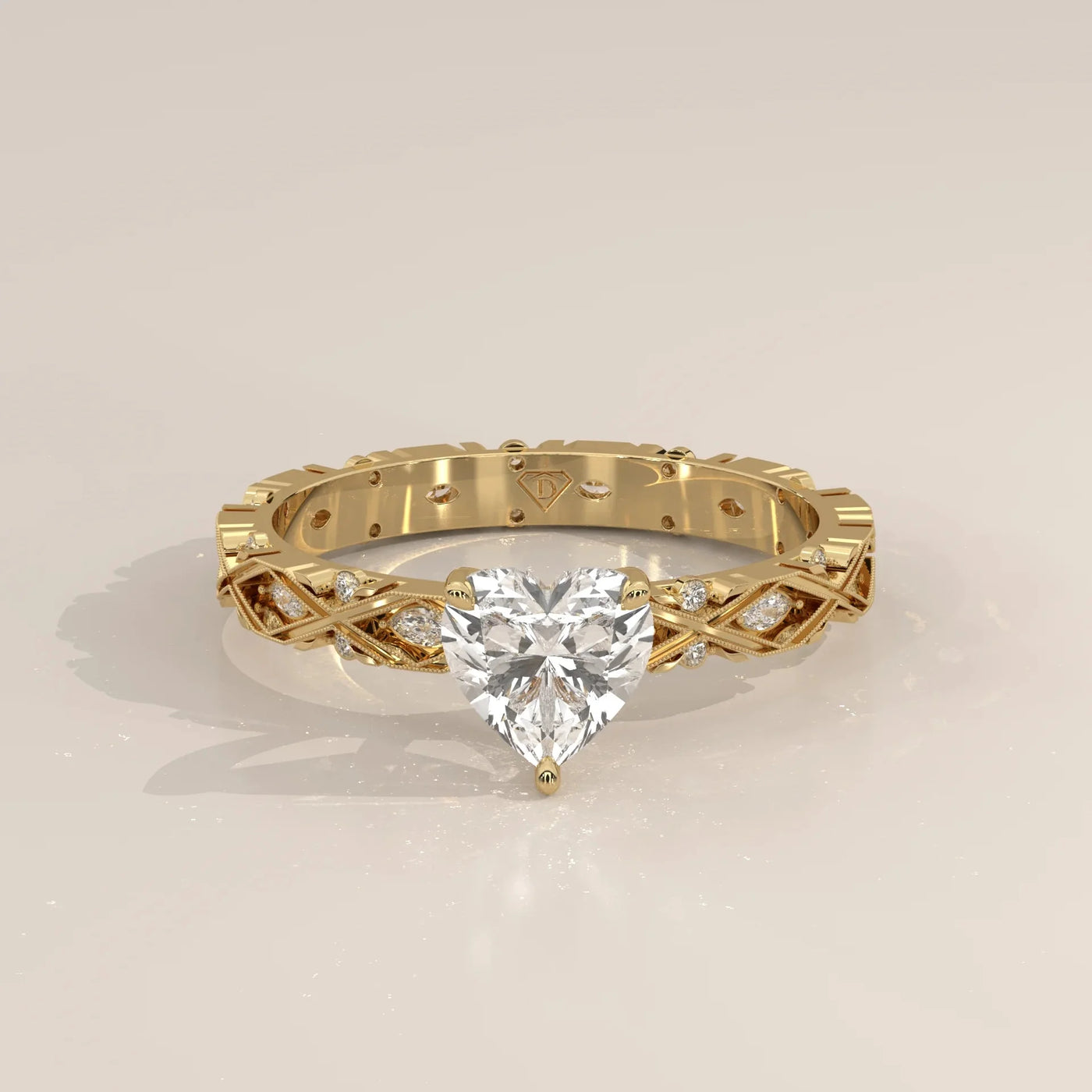 Front View: Heart Diamond Ring with Solitaire Setting in Yellow Gold – Lab Grown – Driona Jewels