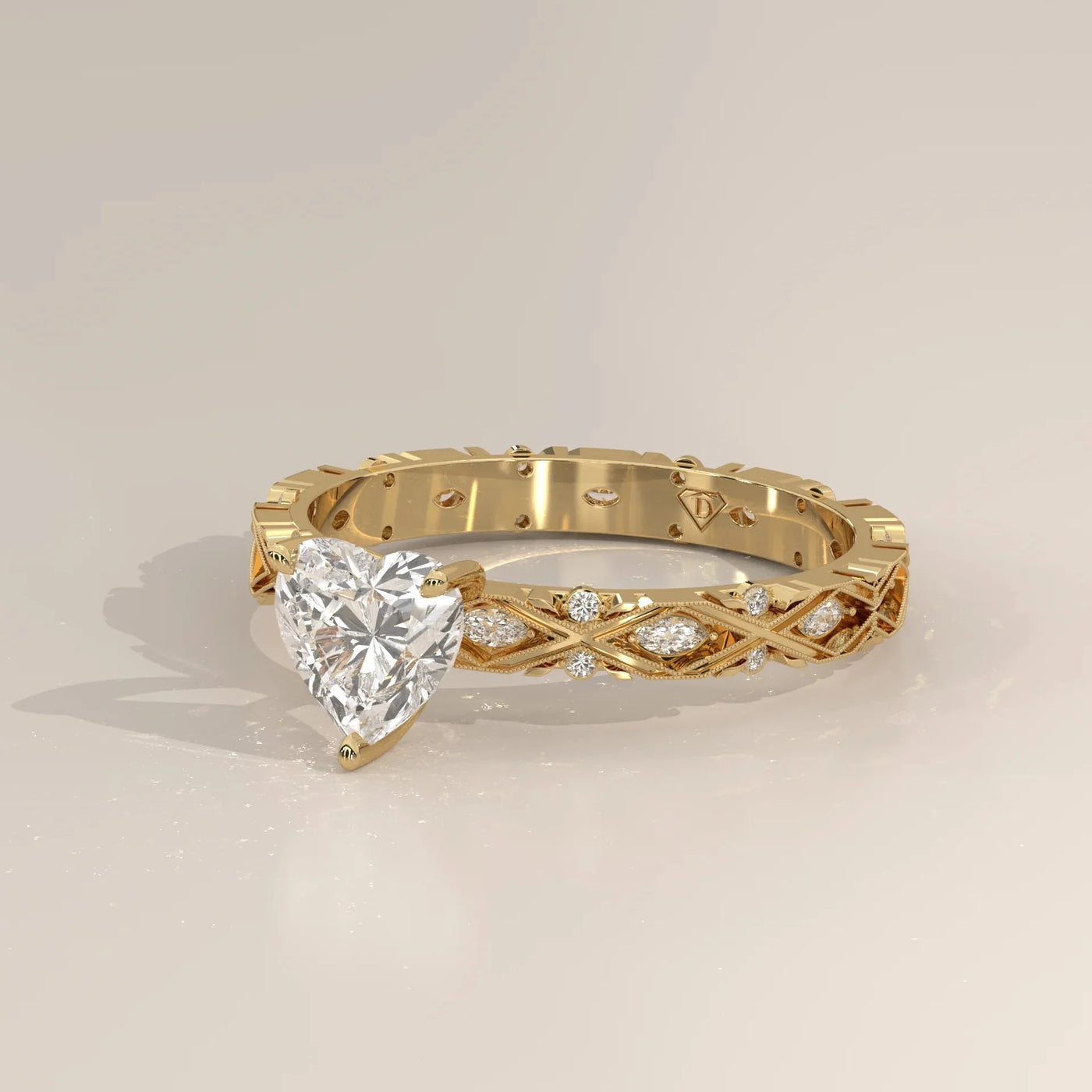 Front View: Heart Diamond Ring with Solitaire Setting in Yellow Gold – Lab Grown – Driona Jewels