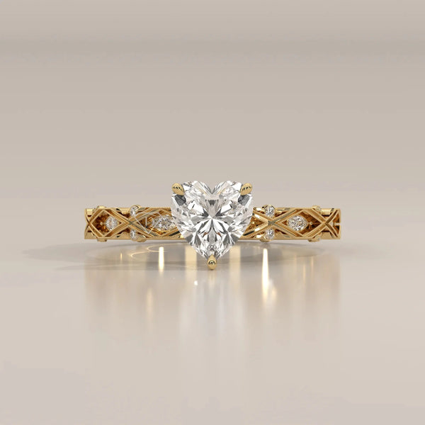 Front View: Heart Diamond Ring with Solitaire Setting in Yellow Gold – Lab Grown – Driona Jewels
