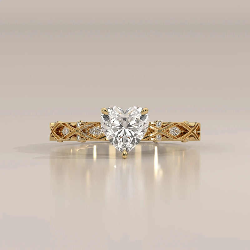Front View: Heart Diamond Ring with Solitaire Setting in Yellow Gold – Lab Grown – Driona Jewels