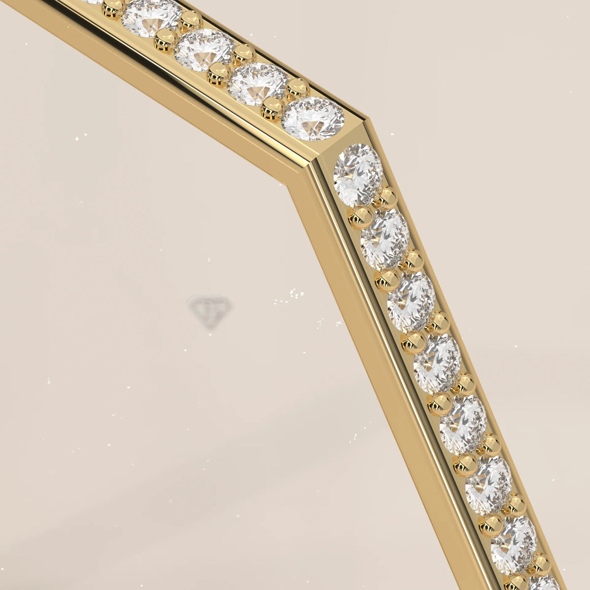 Hexagon Shaped Pave Diamond Band Ring in Solid Gold in yellow gold, angled view on a plain background.