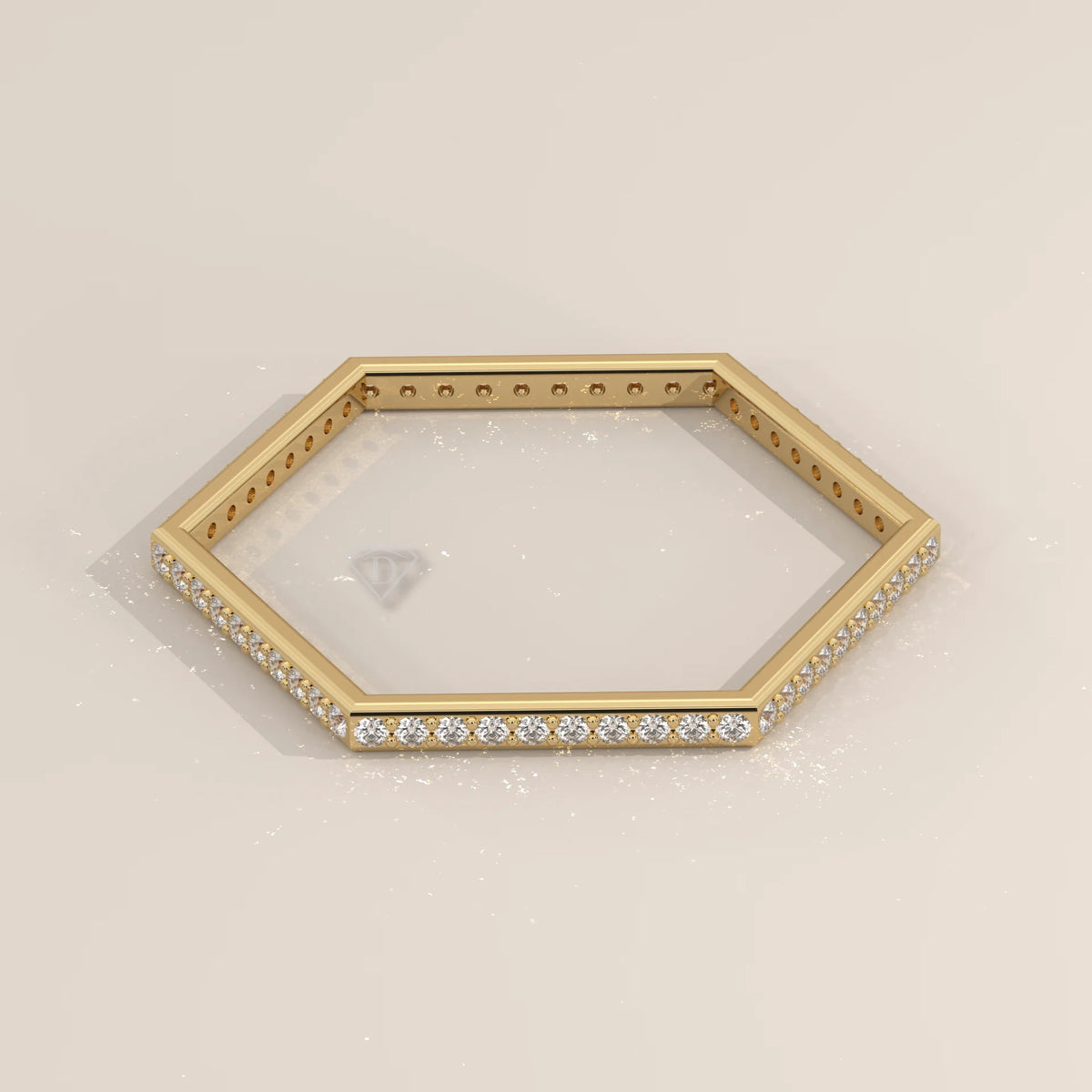 Hexagon Shaped Pave Diamond Band Ring in Solid Gold in yellow gold, photographed at a three-quarter angle.