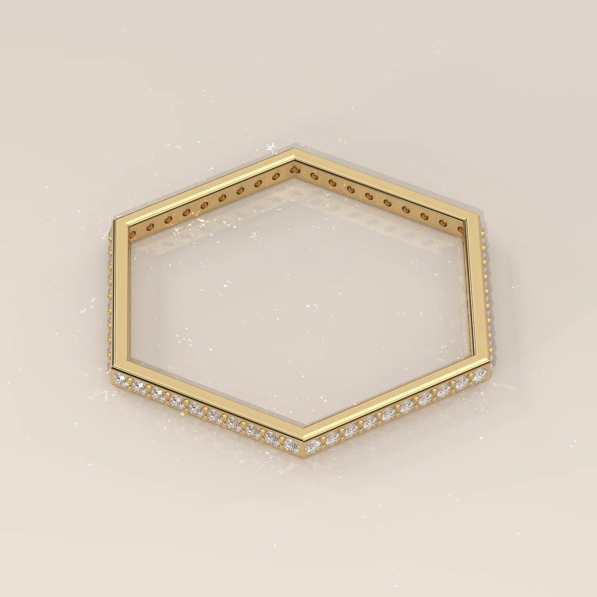 Hexagon Shaped Pave Diamond Band Ring in Solid Gold in yellow gold, photographed head-on.