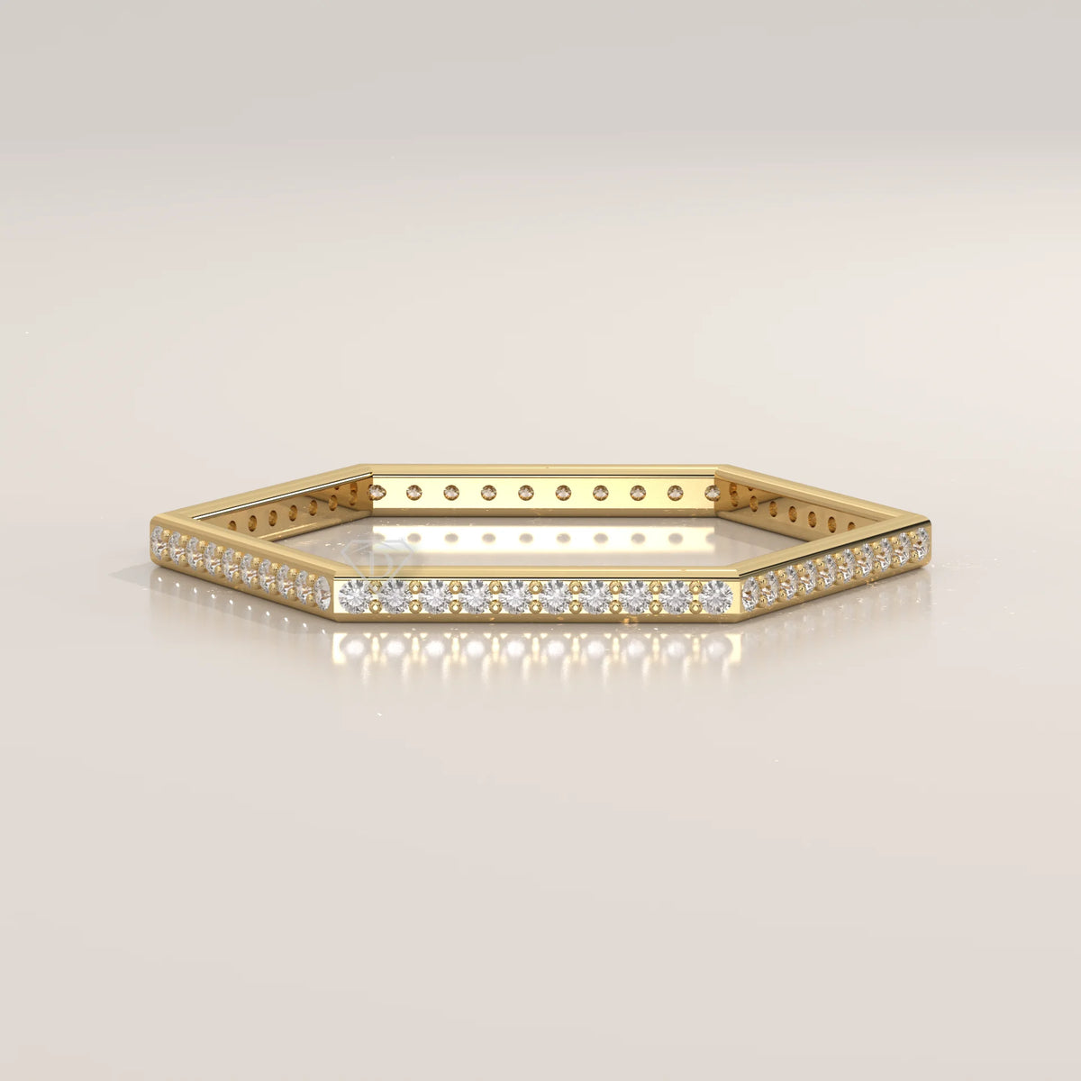 Hexagon Shaped Pave Diamond Band Ring in Solid Gold in yellow gold, shown at an angle.