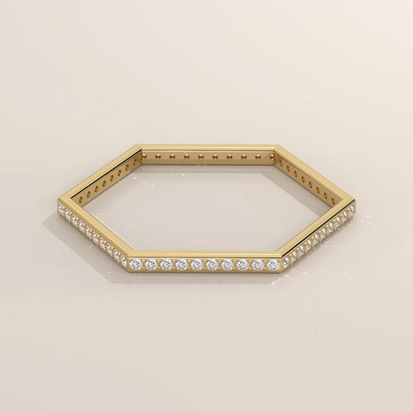 Hexagon Shaped Pave Diamond Band Ring in Solid Gold in yellow gold, shown from the front.