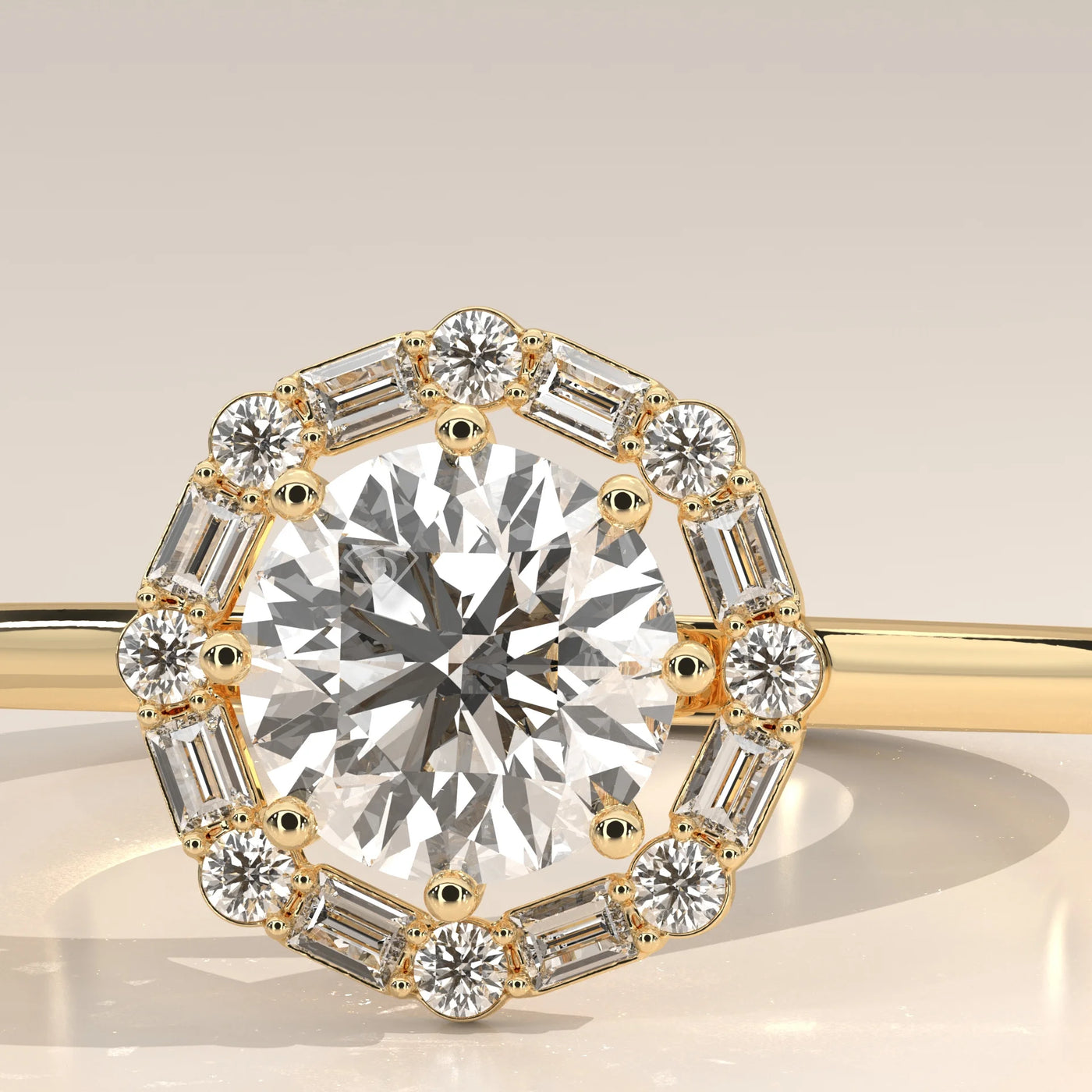Close-up of a round brilliant cut diamond ring with a hexagonal halo.