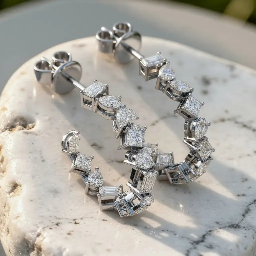 Flat Lay: Assorted Cut Diamond Hoop Earrings with Pave Setting in 14k White Gold - Lab Grown - Driona Jewels