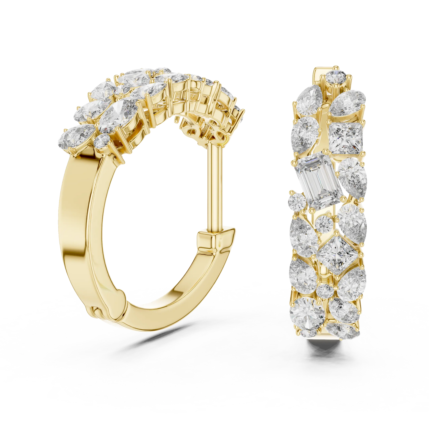 Pair-Shot: Assorted Cut Diamond Hoop Earrings with Pave Setting in 14k Yellow Gold - Lab Grown - Driona Jewels