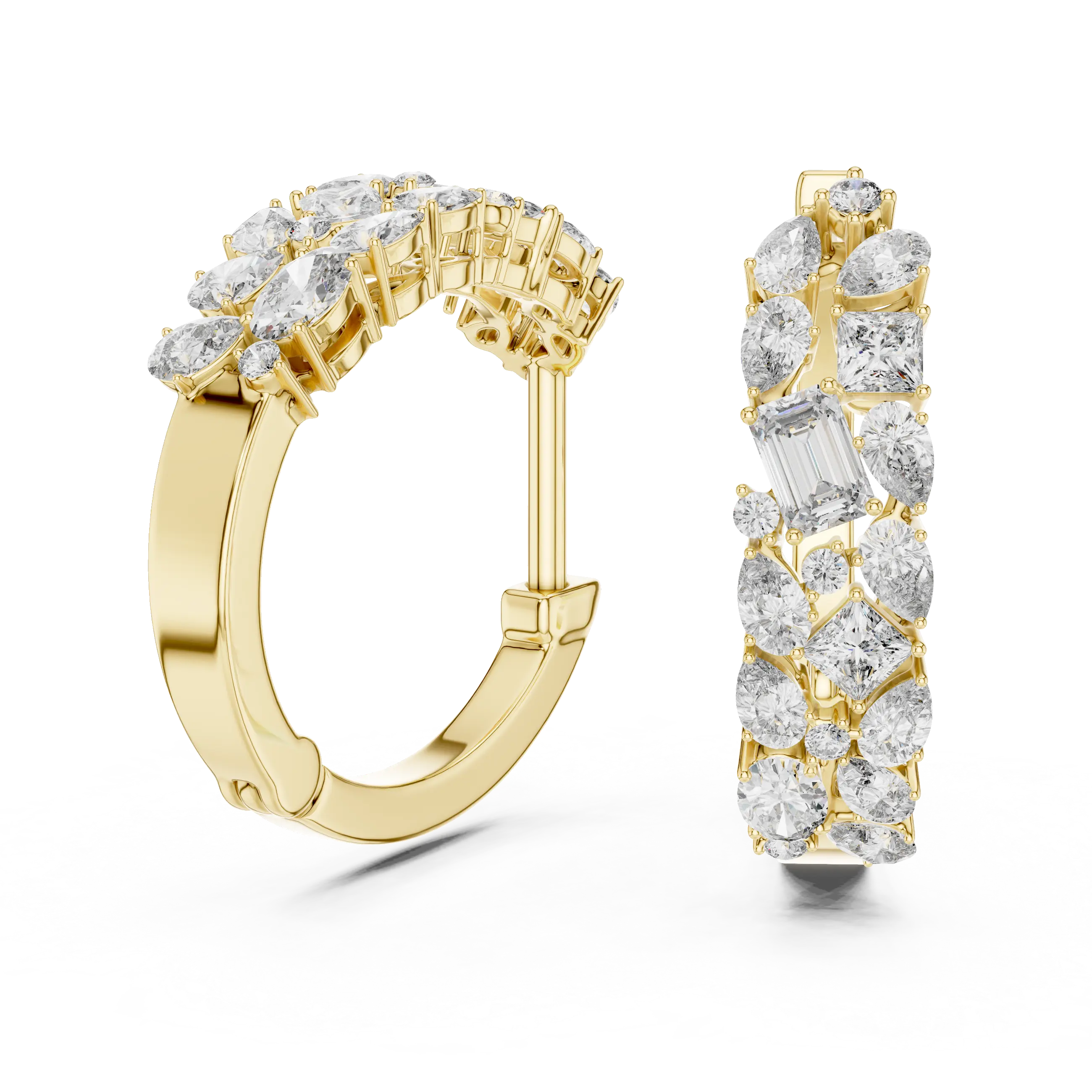 Pair-Shot: Assorted Cut Diamond Hoop Earrings with Pave Setting in 14k Yellow Gold - Lab Grown - Driona Jewels