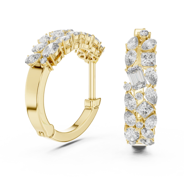 Pair-Shot: Assorted Cut Diamond Hoop Earrings with Pave Setting in 14k Yellow Gold - Lab Grown - Driona Jewels