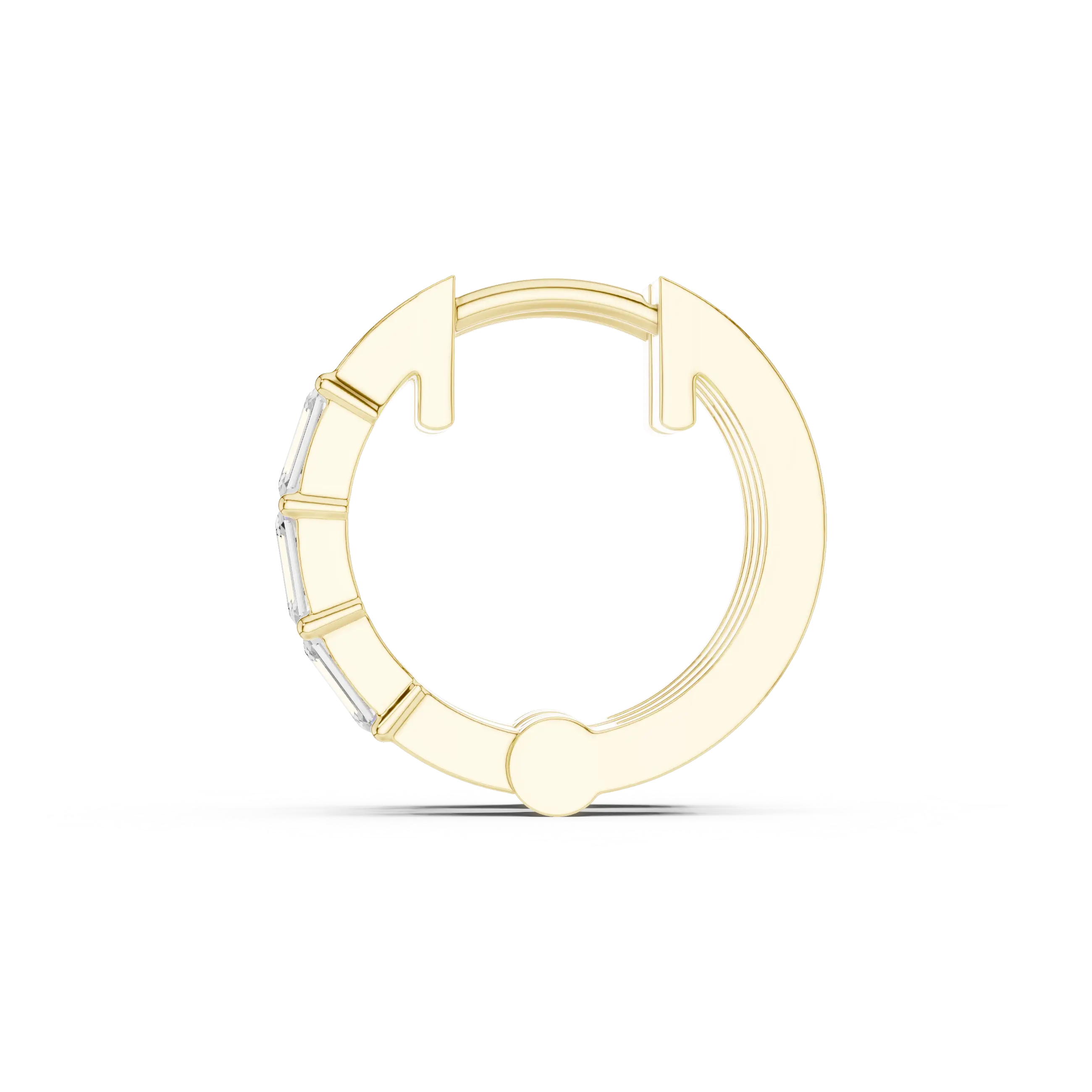 Flat-Lay: Baguette Diamond Hoop with Bezel Setting in 14k Yellow Gold - Lab Grown - Driona Jewels