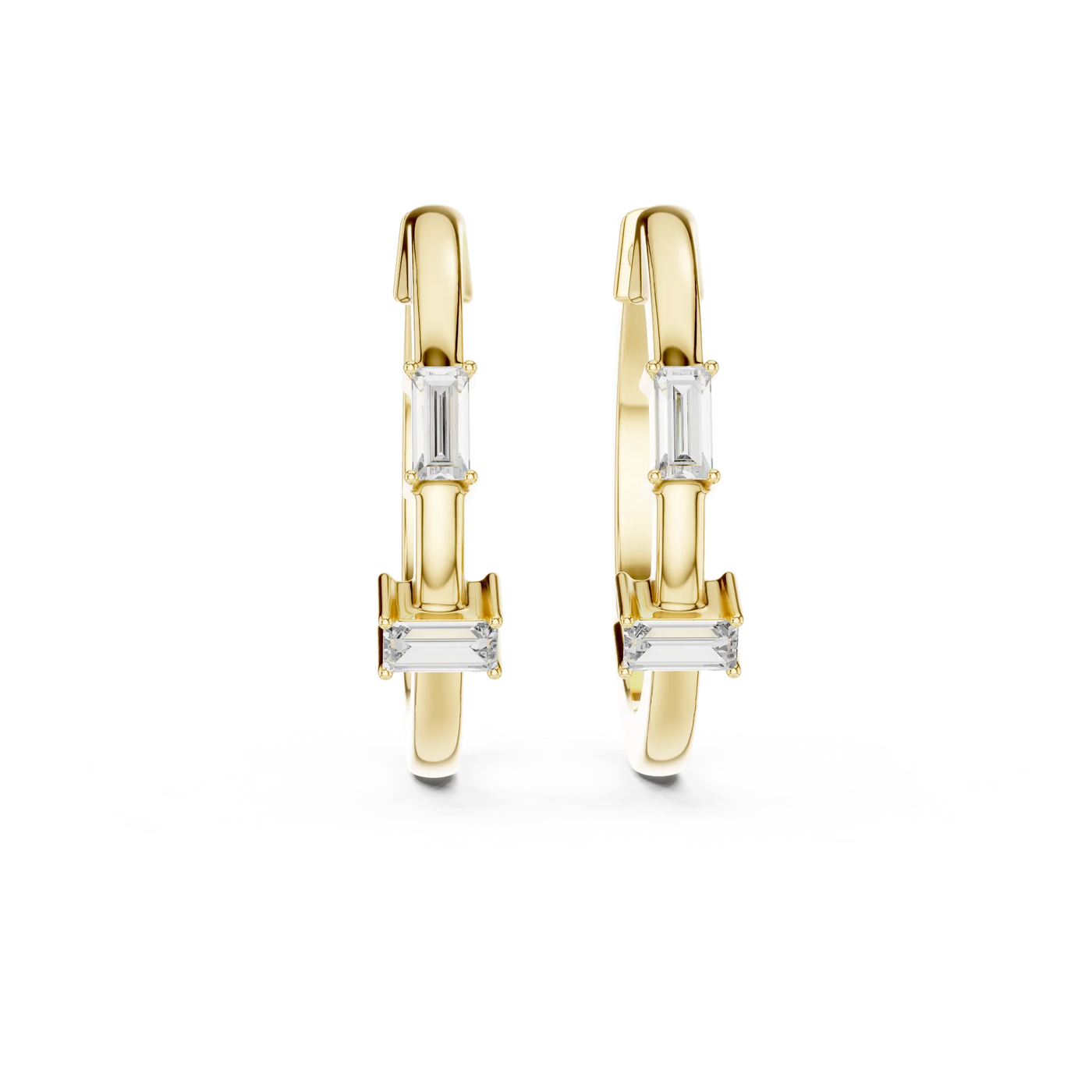 Pair Shot: Baguette Diamond Hoop Earrings with Bezel Setting in 14k Yellow Gold - Lab Grown - Driona Jewels