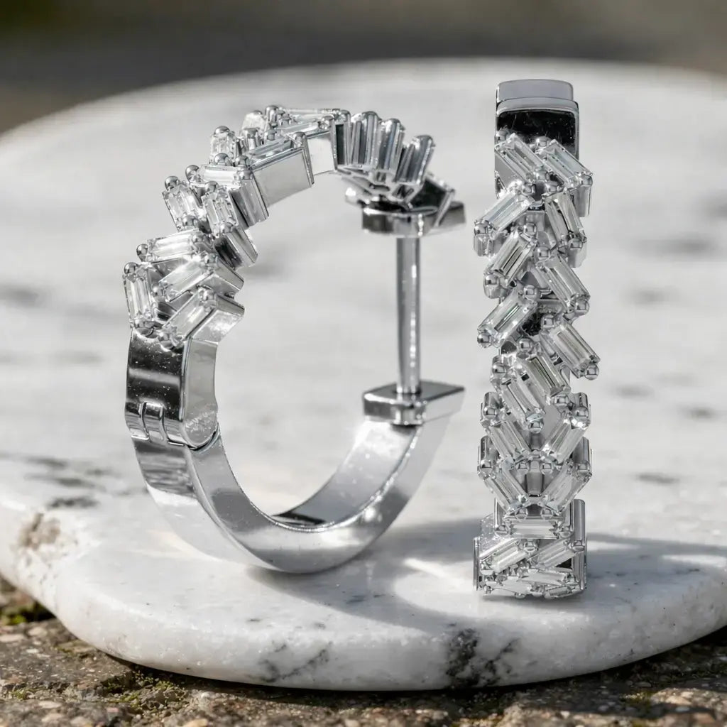 Pair Shot: Baguette Diamond Hoop Earrings with Channel Setting in 14k White Gold - Lab Grown - Driona Jewels