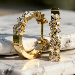 Pair Shot: Baguette Diamond Hoop Earrings with Channel Setting in 14k Yellow Gold - Lab Grown - Driona Jewels
