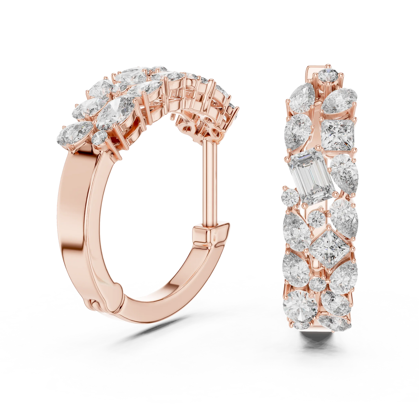 Pair-Shot: Baguette Diamond Hoop Earrings with Pave Setting in 14k Rose Gold - Lab Grown - Driona Jewels