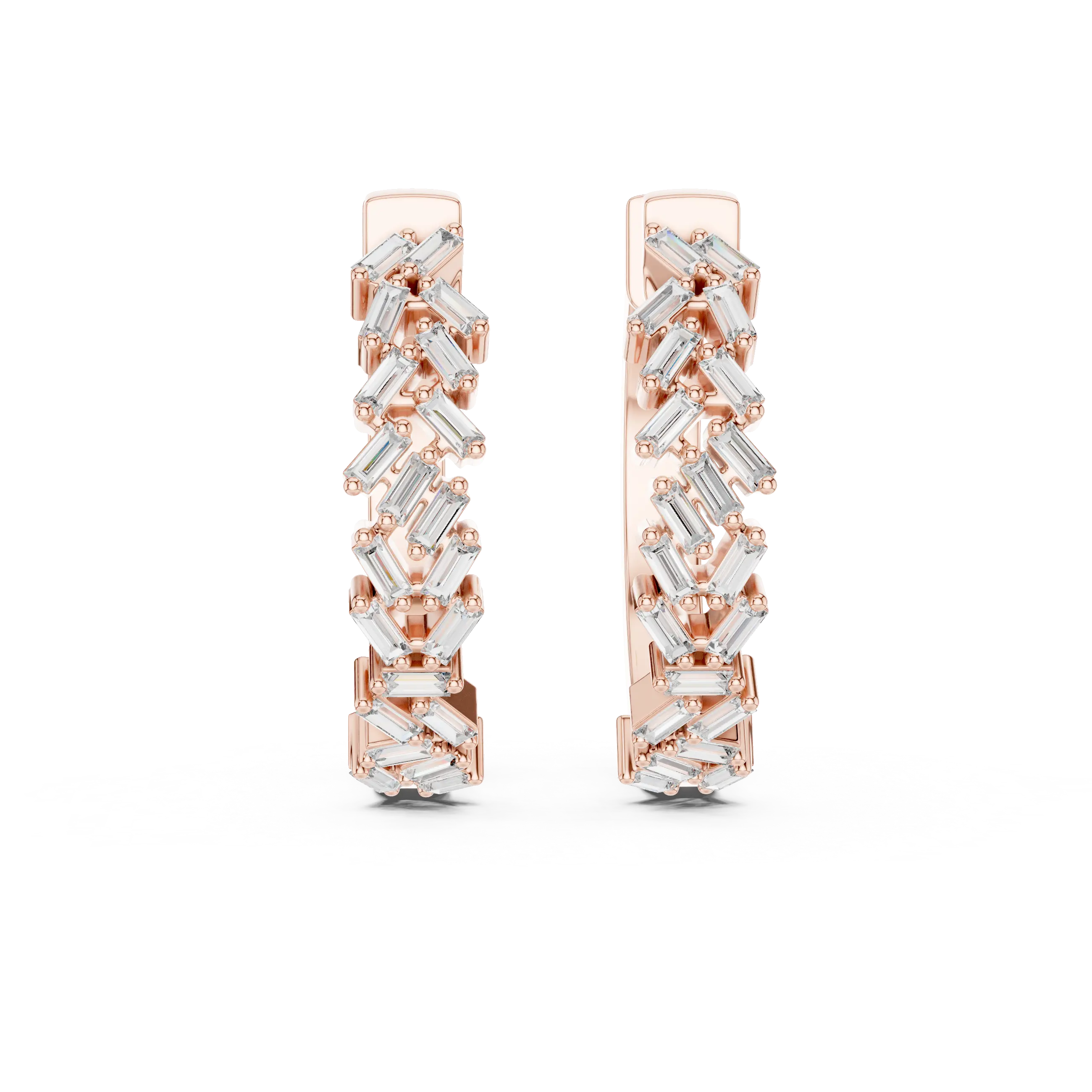 Pair-Shot: Baguette Diamond Hoop Earrings with Pave Setting in 14k Rose Gold - Lab Grown - Driona Jewels