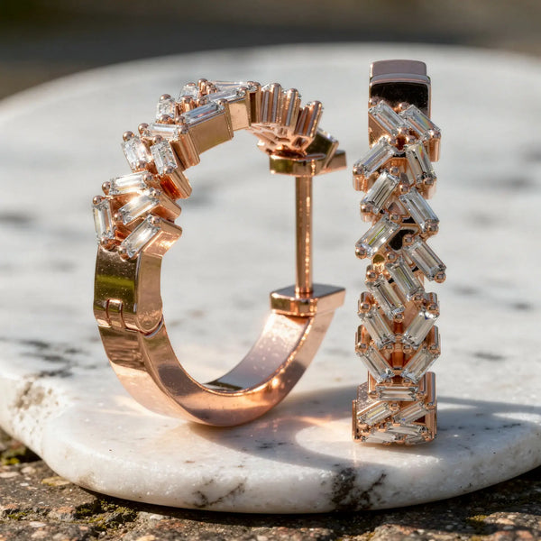 Pair Shot: Baguette Diamond Hoop Earrings with Pave Setting in 14k Rose Gold - Lab Grown - Driona Jewels