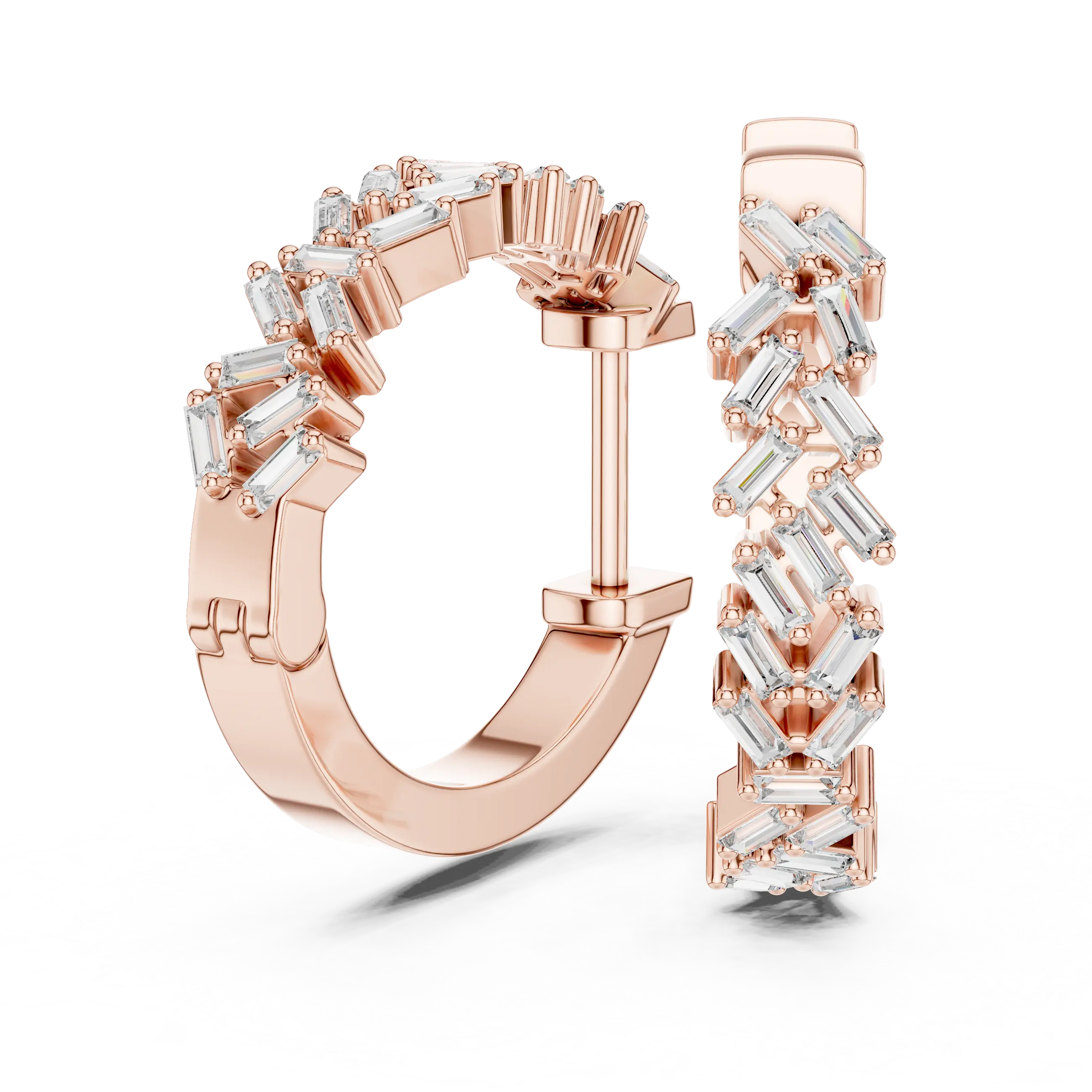 Pair-shot: Baguette Diamond Hoop Earrings with Pave Setting in 14k Rose Gold - Lab Grown - Driona Jewels