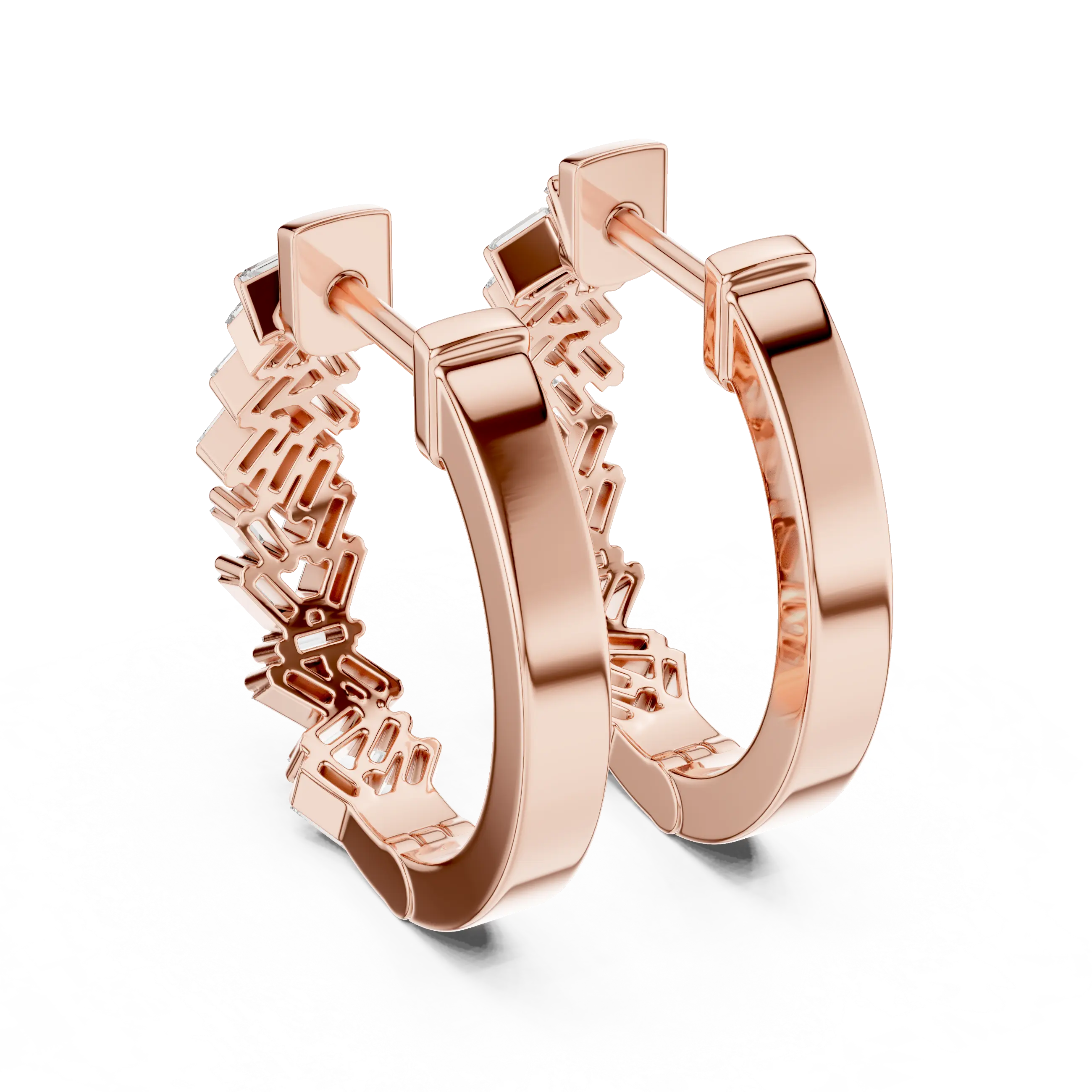 Pair Shot: Baguette Diamond Hoop Earrings with Pave Setting in 14k Rose Gold - Lab Grown - Driona Jewels