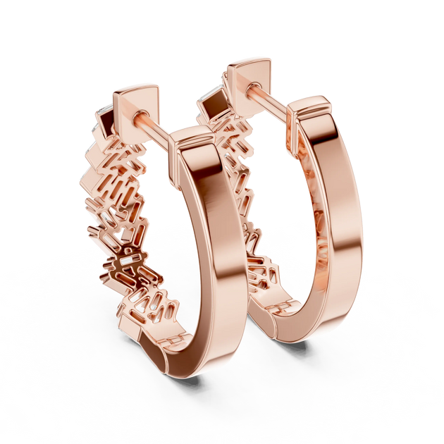 Pair Shot: Baguette Diamond Hoop Earrings with Pave Setting in 14k Rose Gold - Lab Grown - Driona Jewels