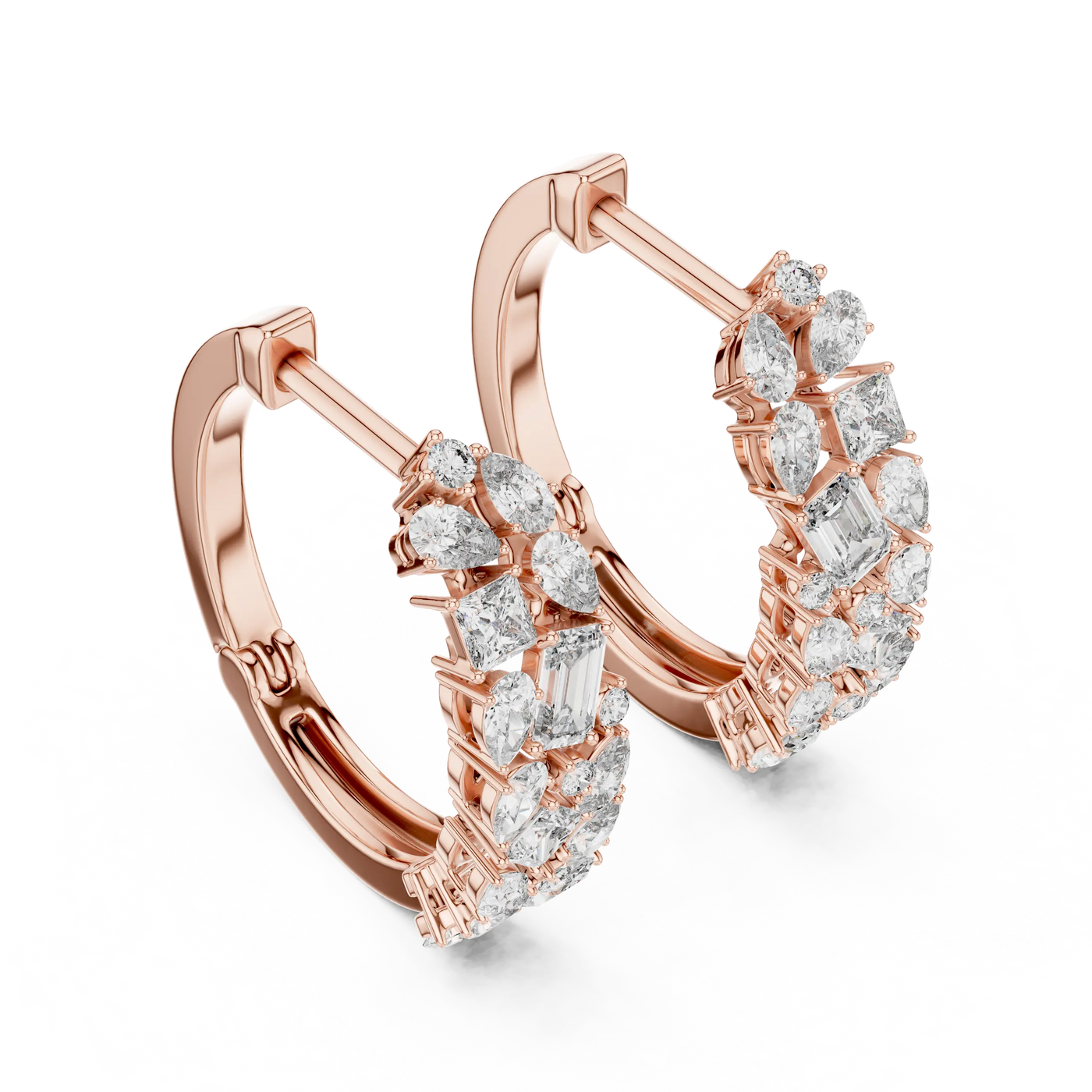 Pair-Shot: Baguette Diamond Hoop Earrings with Pave Setting in 14k Rose Gold - Lab Grown - Driona Jewels