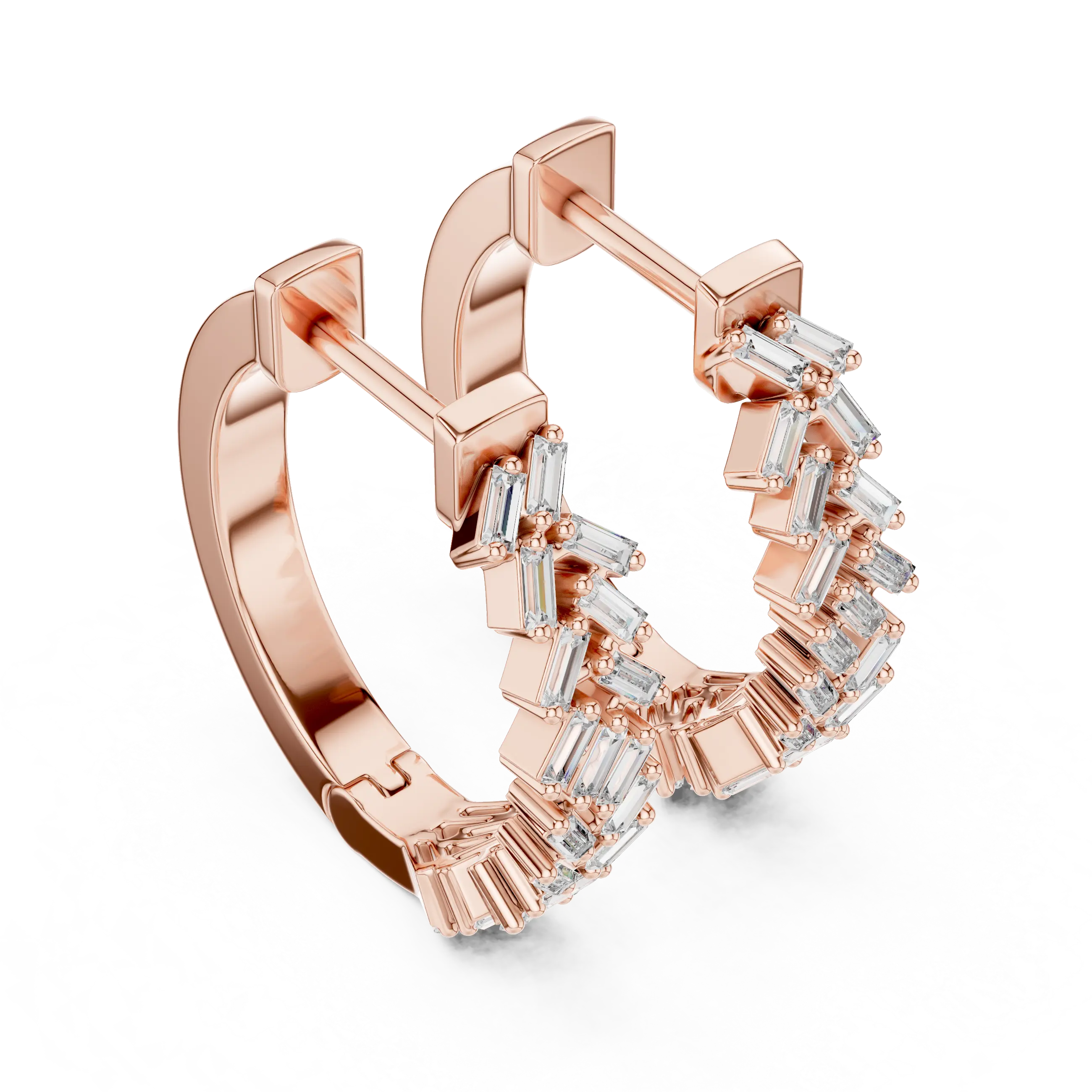 Three-quarter-view: Baguette Diamond Hoop Earrings with Pave Setting in 14k Rose Gold - Lab Grown - Driona Jewels