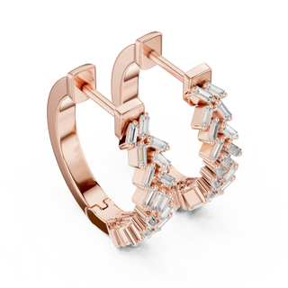 Three-quarter-view: Baguette Diamond Hoop Earrings with Pave Setting in 14k Rose Gold - Lab Grown - Driona Jewels