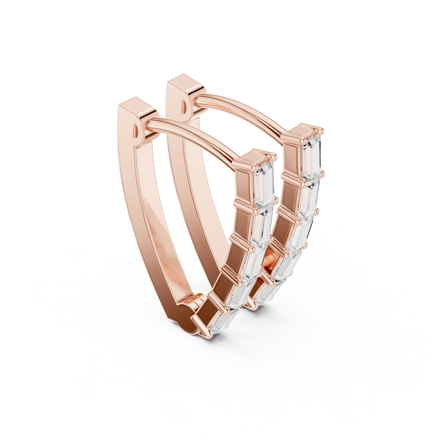 Three-quarter View: Baguette Diamond Hoop Earrings with Pave Setting in 14k Rose Gold - Lab Grown - Driona Jewels