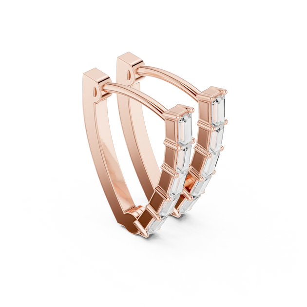 Three-quarter View: Baguette Diamond Hoop Earrings with Pave Setting in 14k Rose Gold - Lab Grown - Driona Jewels