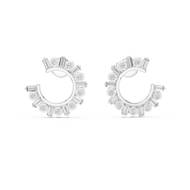 Pair-Shot: Baguette Diamond Hoop Earrings with Pave Setting in 14k White Gold - Lab Grown - Driona Jewels
