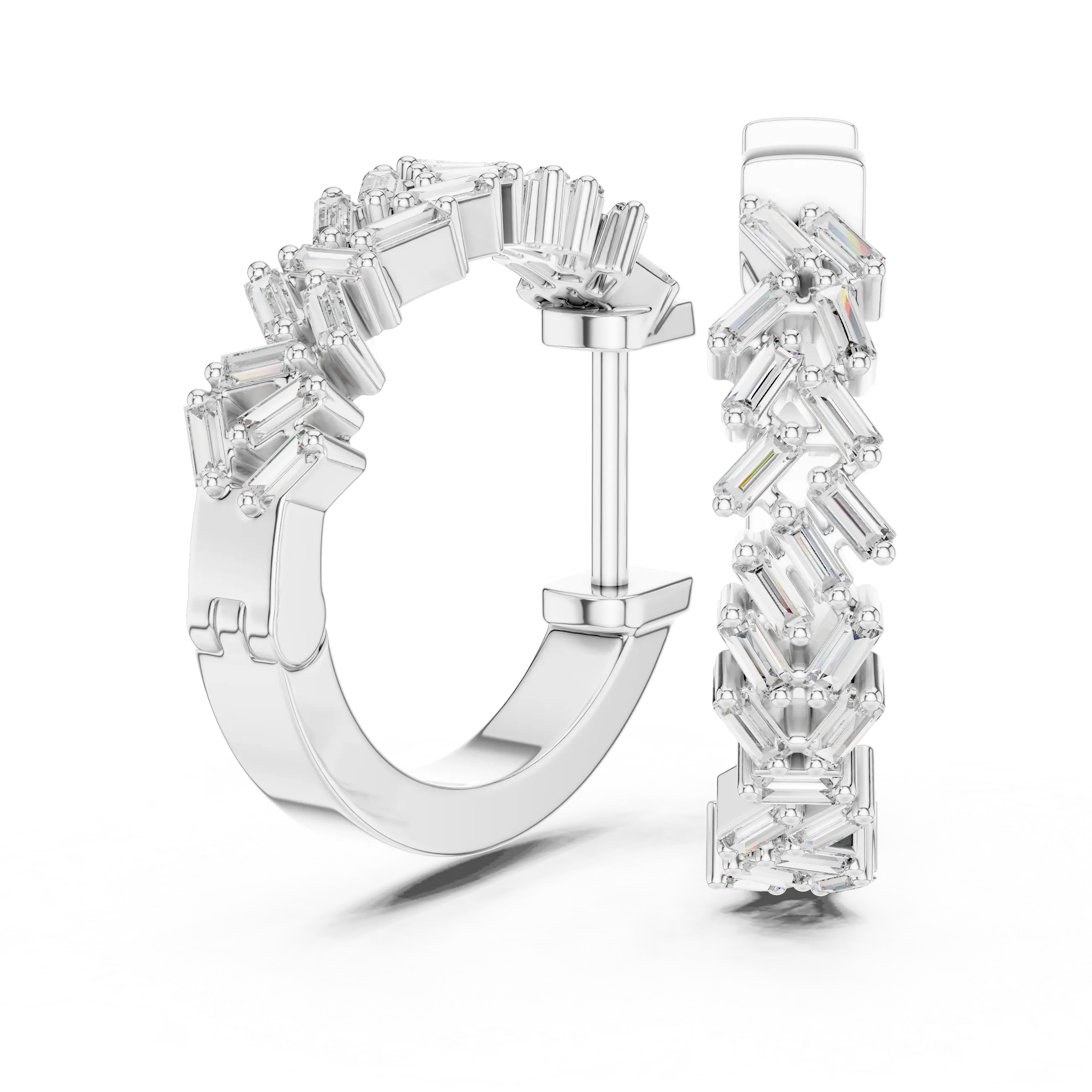 Side-Profile: Baguette Diamond Hoop with Pave Setting in 14k White Gold - Lab Grown - Driona Jewels