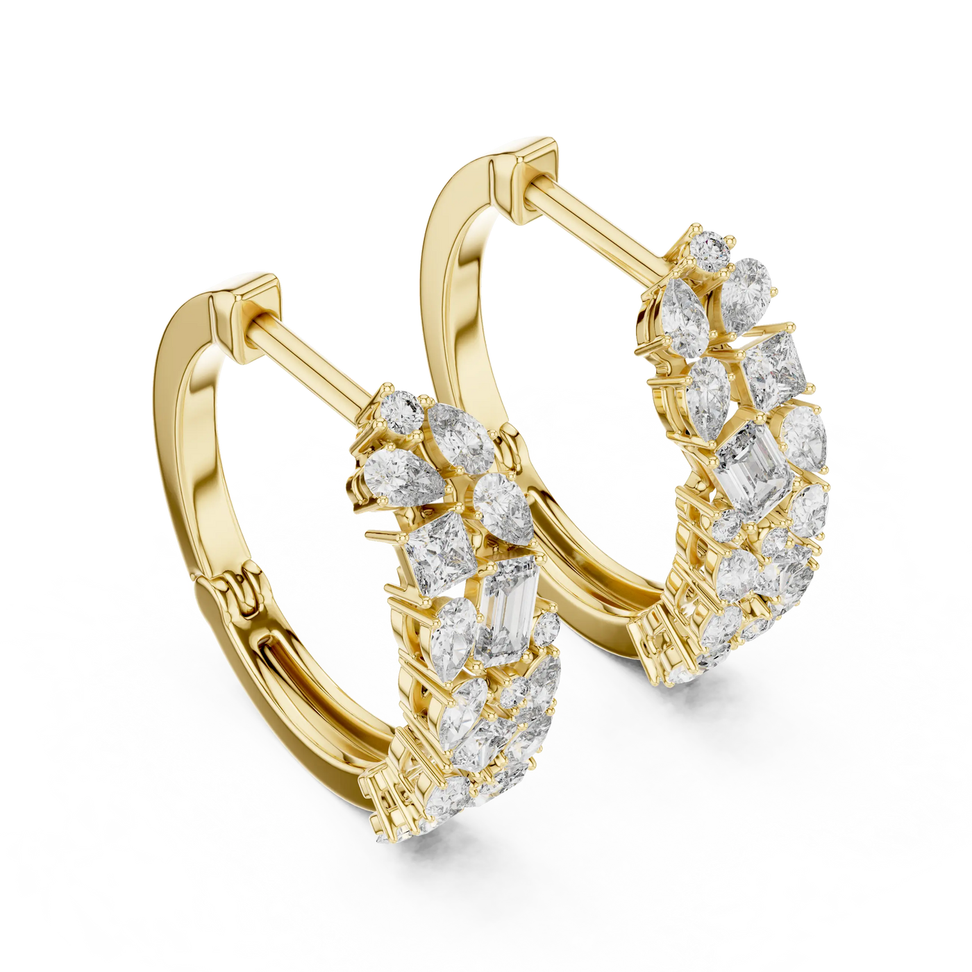 Pair-Shot: Baguette Diamond Hoop Earrings with Pave Setting in 14k Yellow Gold - Lab Grown - Driona Jewels
