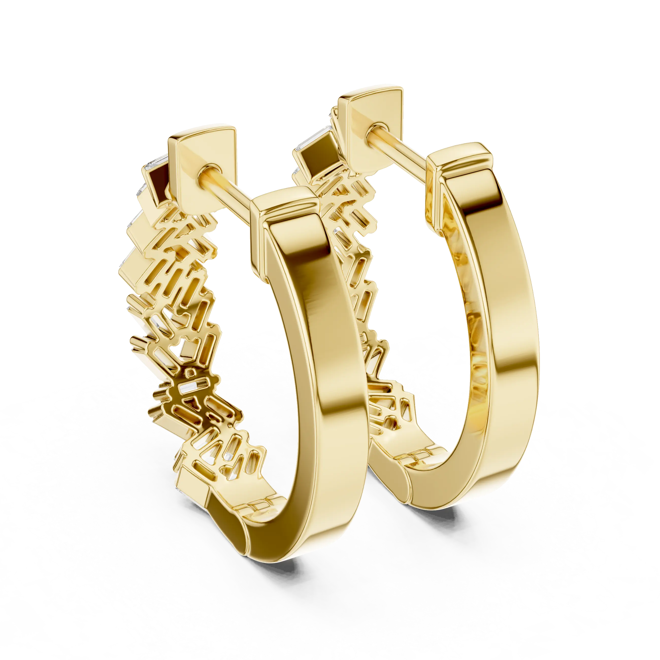 Pair-Shot: Baguette Diamond Hoop Earrings with Pave Setting in 14k Yellow Gold - Lab Grown - Driona Jewels