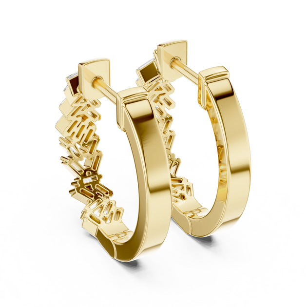 Pair-Shot: Baguette Diamond Hoop Earrings with Pave Setting in 14k Yellow Gold - Lab Grown - Driona Jewels
