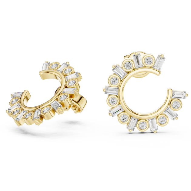 Pair Shot: Baguette Diamond Hoop Earrings with Pave Setting in 14k Yellow Gold - Lab Grown - Driona Jewels