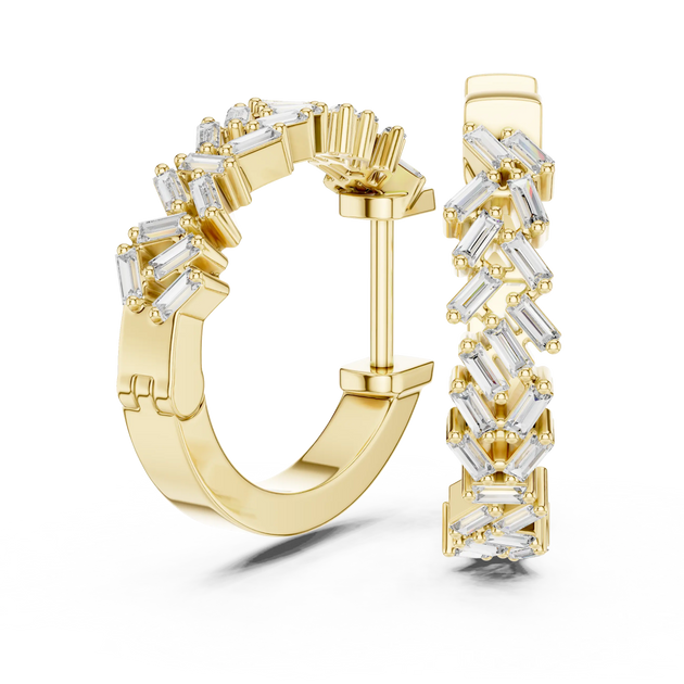 Pair-Shot: Baguette Diamond Hoop Earrings with Pave Setting in 14k Yellow Gold - Lab Grown - Driona Jewels