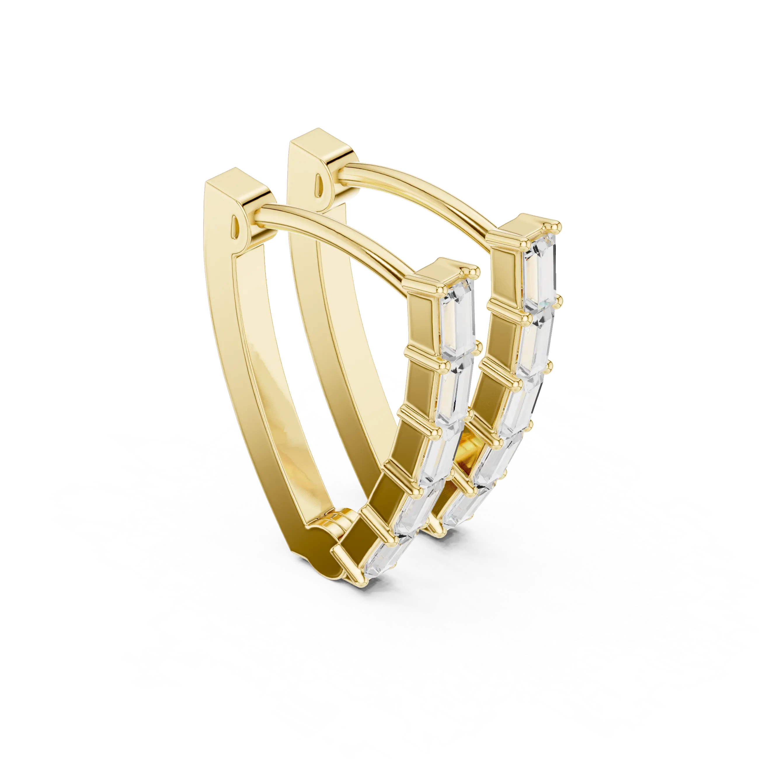 Three-quarter-view: Baguette Diamond Hoop Earrings with Pave Setting in 14k Yellow Gold - Lab Grown - Driona Jewels