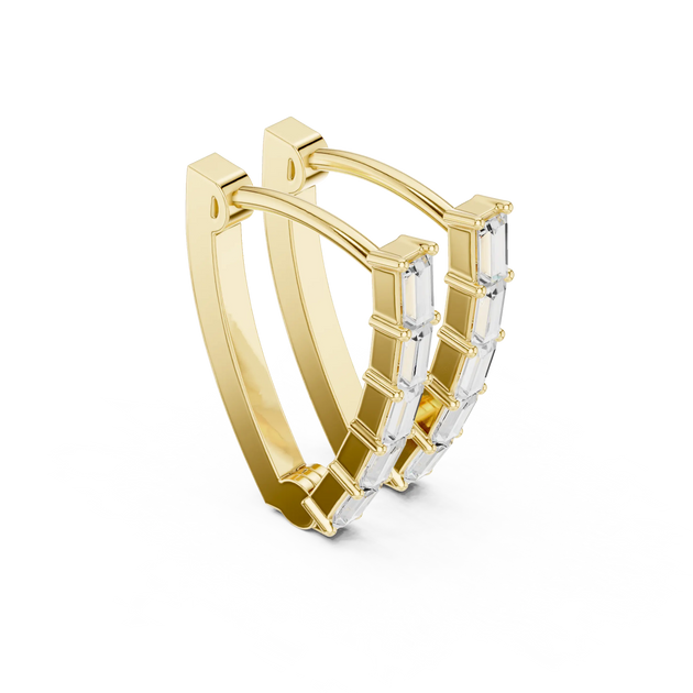 Three-quarter-view: Baguette Diamond Hoop Earrings with Pave Setting in 14k Yellow Gold - Lab Grown - Driona Jewels