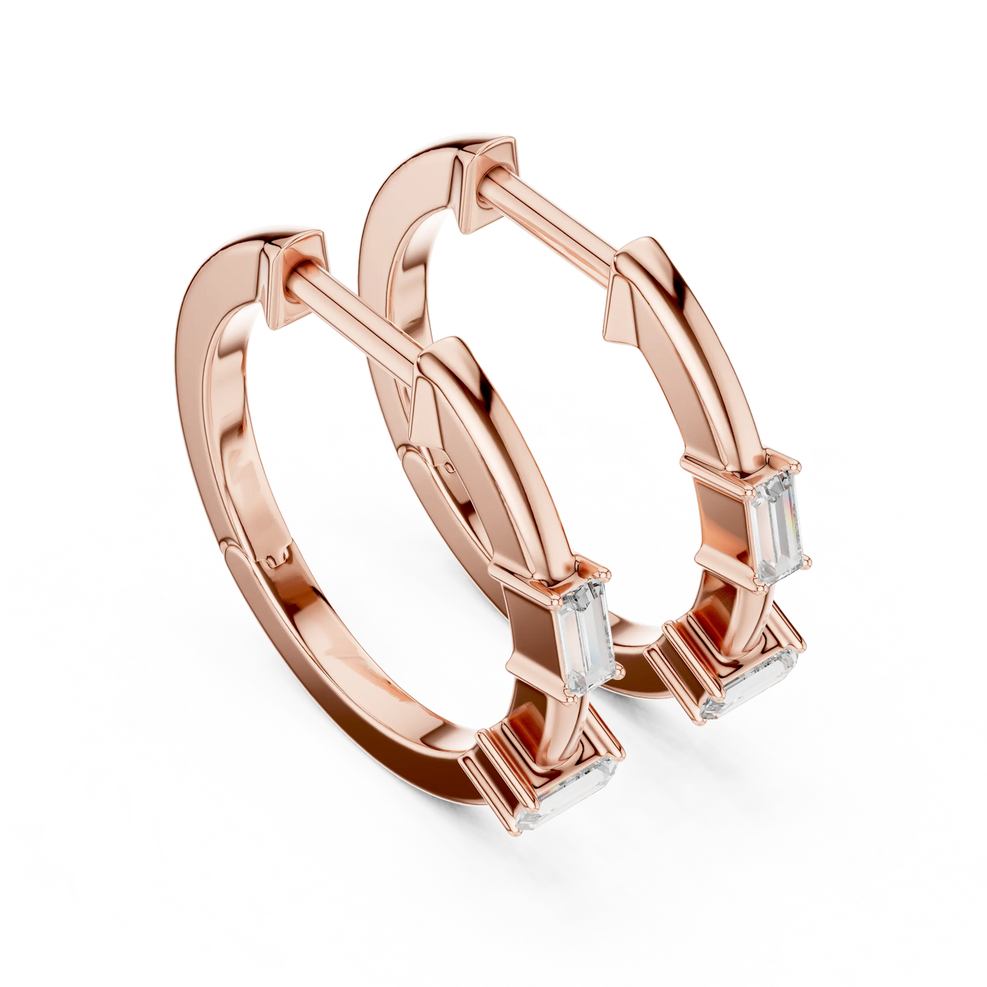 Pair-Shot: Emerald Cut Diamond Hoop Earrings with Basket Setting in 14k Rose Gold - Lab Grown - Driona Jewels