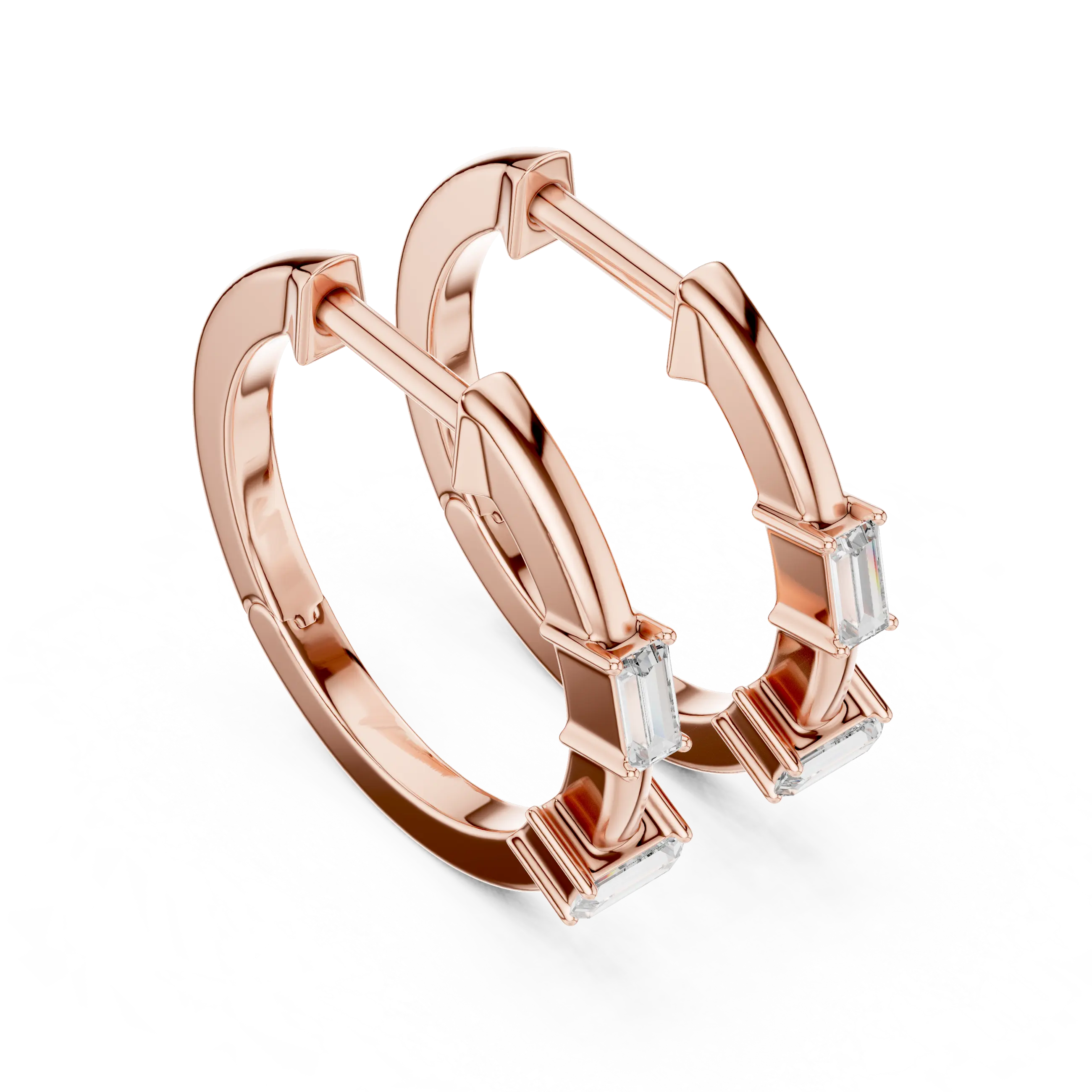 Pair-Shot: Emerald Cut Diamond Hoop Earrings with Basket Setting in 14k Rose Gold - Lab Grown - Driona Jewels